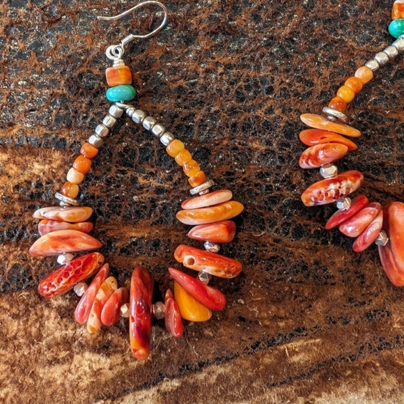 Orange Spiny Oyster Turquoise Sterling Silver Hoop Drop Earrings HM OAK - Picture 2 of 4